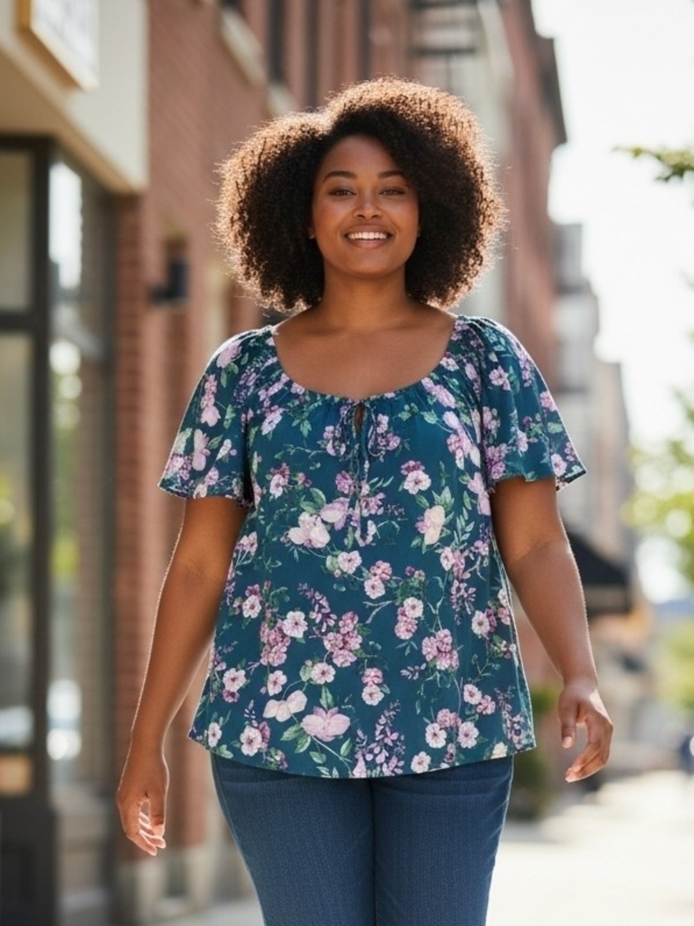 Torrid Womens (L) 12 Floral Scoop Neck Peasant Rayon Top Teal w/ Pink Flowers